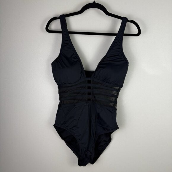 Blanca Black Mesh Inset One Piece Swimsuit 10 Sexy V Neck Monokini Resort Wear - Picture 3 of 10